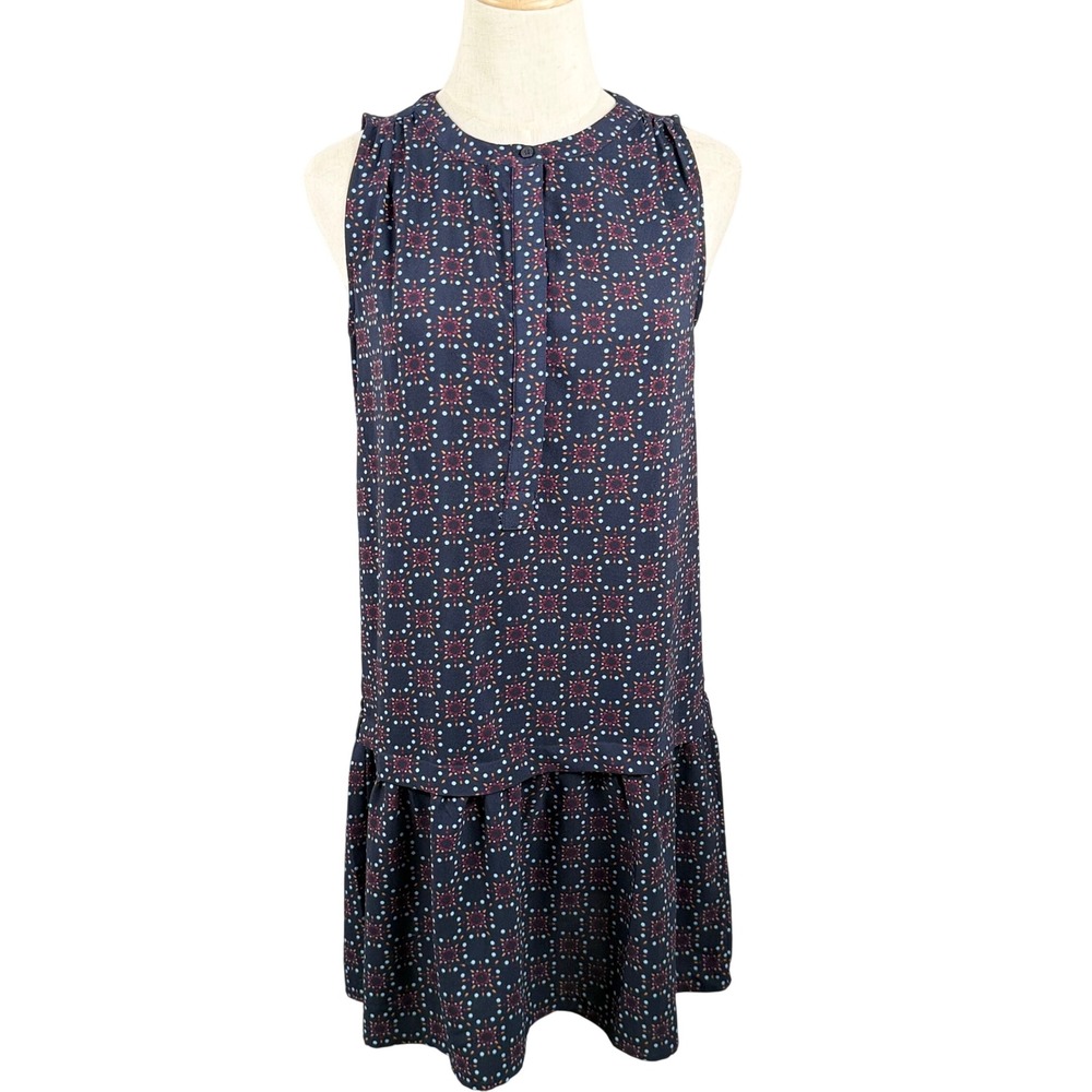 LOFT Womens S Sleeveless Dress Geometric Tile‎ Print Drop Waist Ruffle Boho Mod